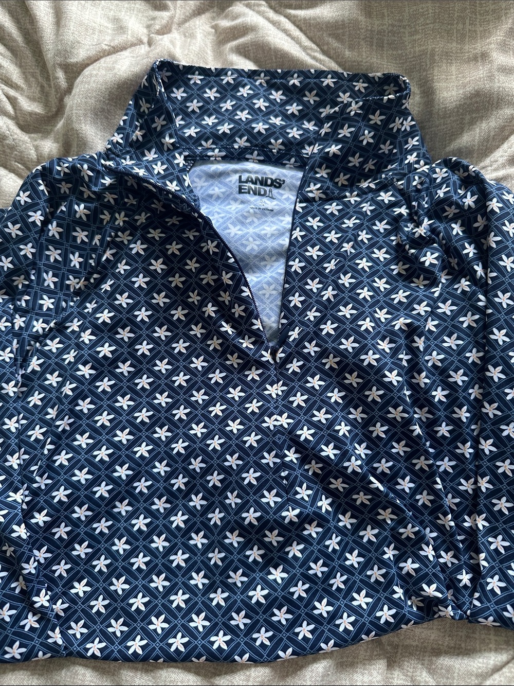Lands' End women’s Navy and White Floral-Pattern Quarter-Zip